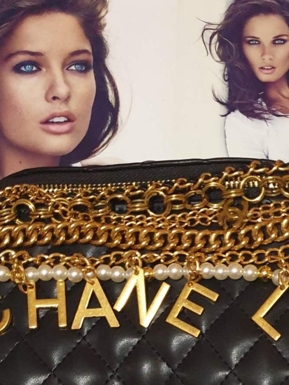 Women Black Waist Bag Gold Charms Pearl Chains Fashion Girls Casual Purse